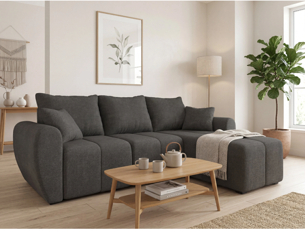 Rozkládací oboustranná sedací souprava do L SEVIO 246x145 cm, tmavě šedá + 2 polštářky ZDARMA