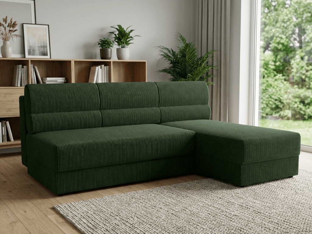 Rozkládací oboustranná sedací souprava do L TAVERO SLIM 201x140 cm, tmavě zelená