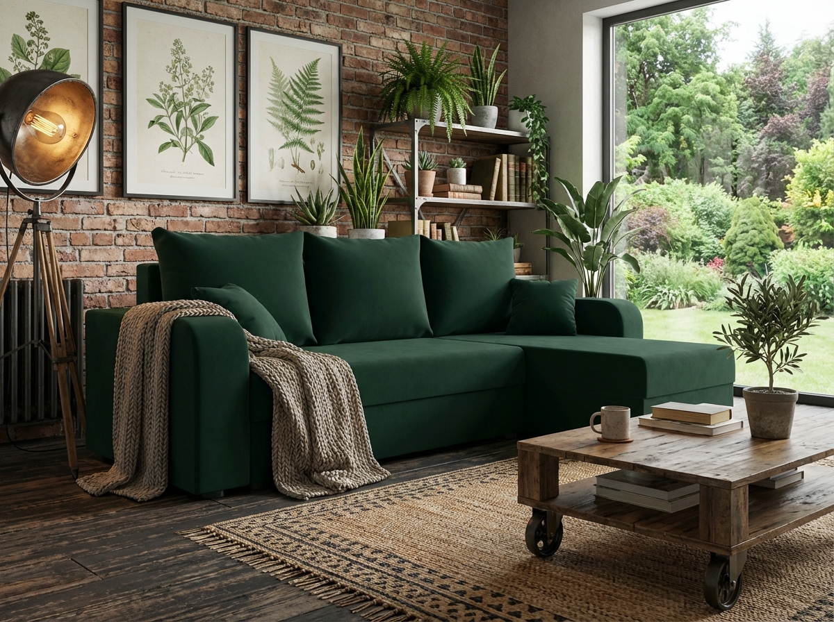 Rozkládací oboustranná sedací souprava do L VALERIO 238x140 cm, tmavě zelená + 2 polštářky ZDARMA