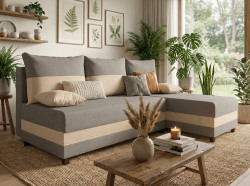 Rozkládací oboustranná sedací souprava do L VALERIO SLIM 200x140 cm, světle šedá/béžová + 2 polštářky ZDARMA