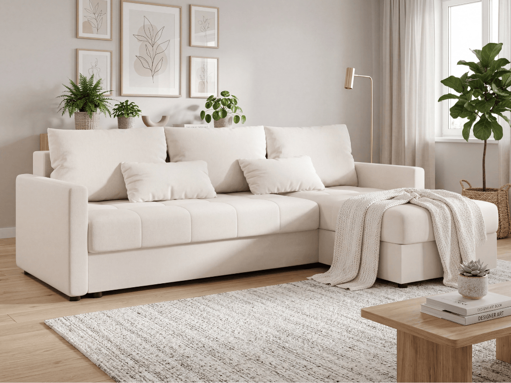 Rozkládací oboustranná sedací souprava do L VENORIA 220x143 cm, krémová + 2 polštářky ZDARMA