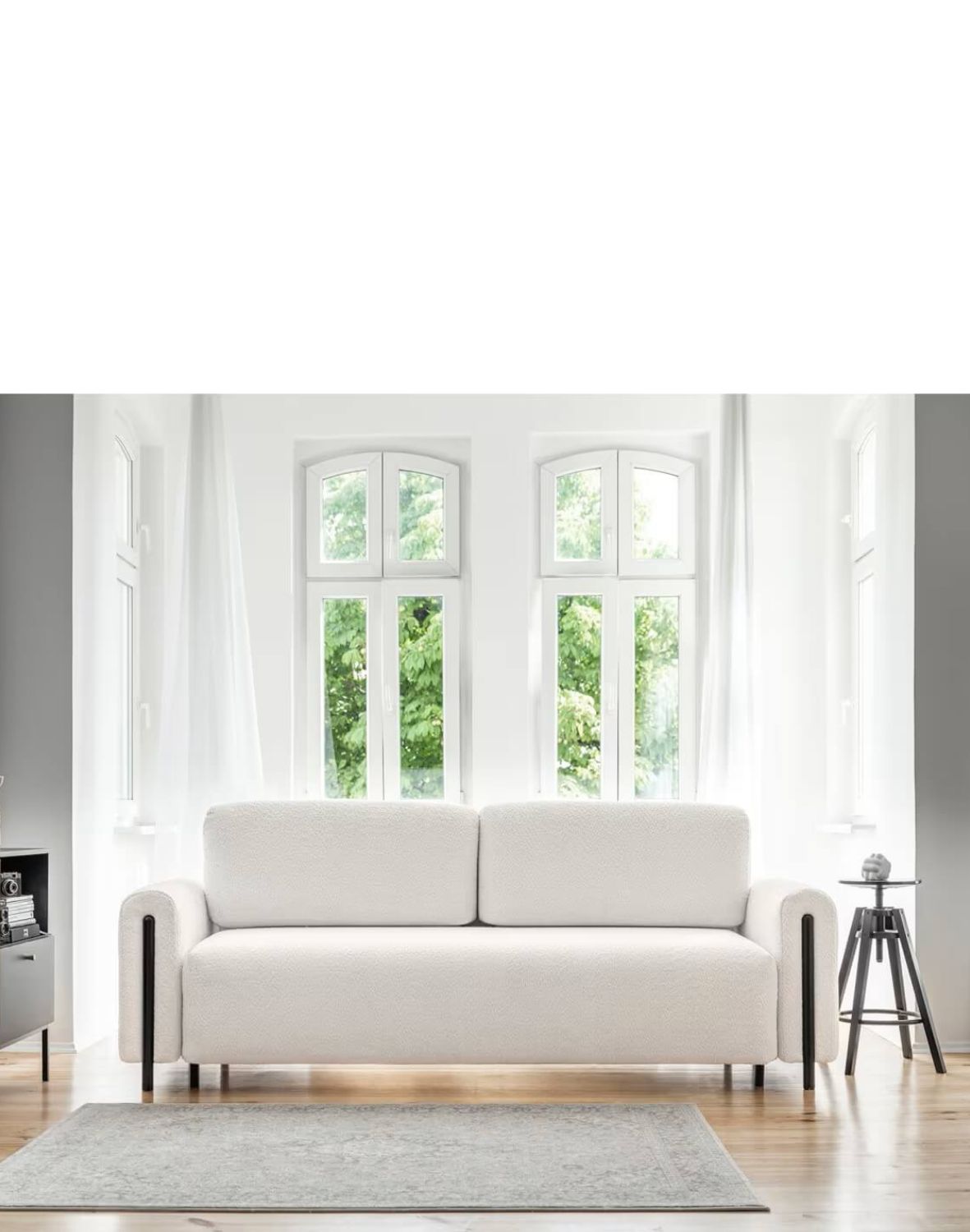 Rozkládací pohovka Arcadova II, bouclé Royal 01 – 24 h