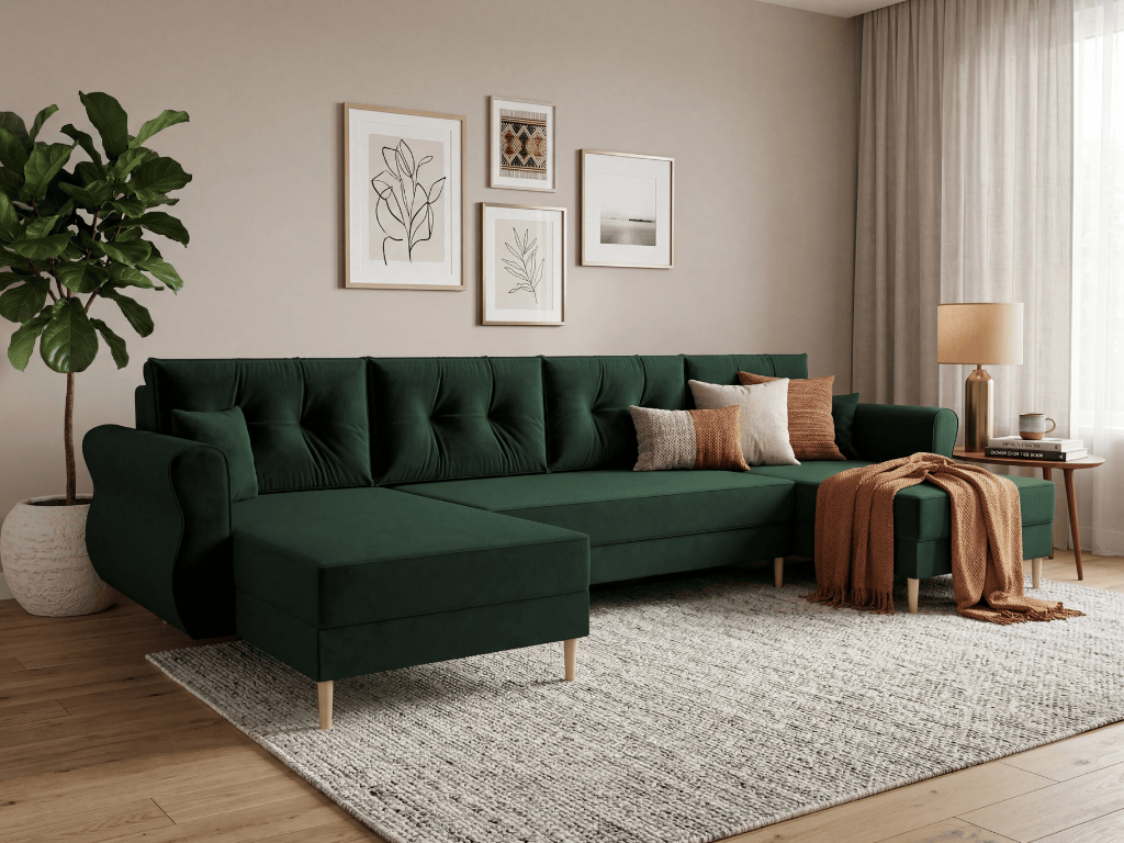 Rozkládací sedací souprava do U SILVIANO 300x140 cm, tmavě zelená + 2 polštářky ZDARMA