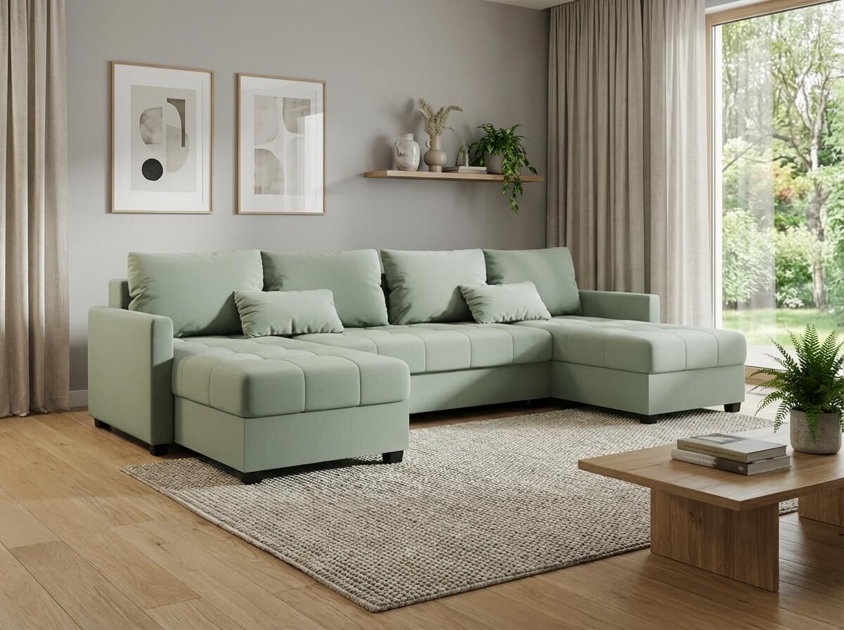 Rozkládací sedací souprava do U VENORIA 285x146 cm, světle zelená + 2 polštářky ZDARMA