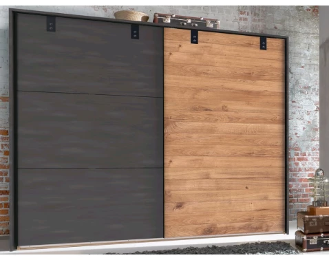 Šatní skříň s posuvnými dveřmi Detroit, 250 cm, prkenný dub/antracitová ocel