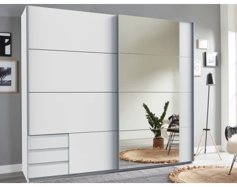 Šatní skříň se zrcadlem Emden, 225 cm, bílá