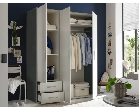 Šatní skříň Valencia,155 cm, optika šedého kovu/bílá