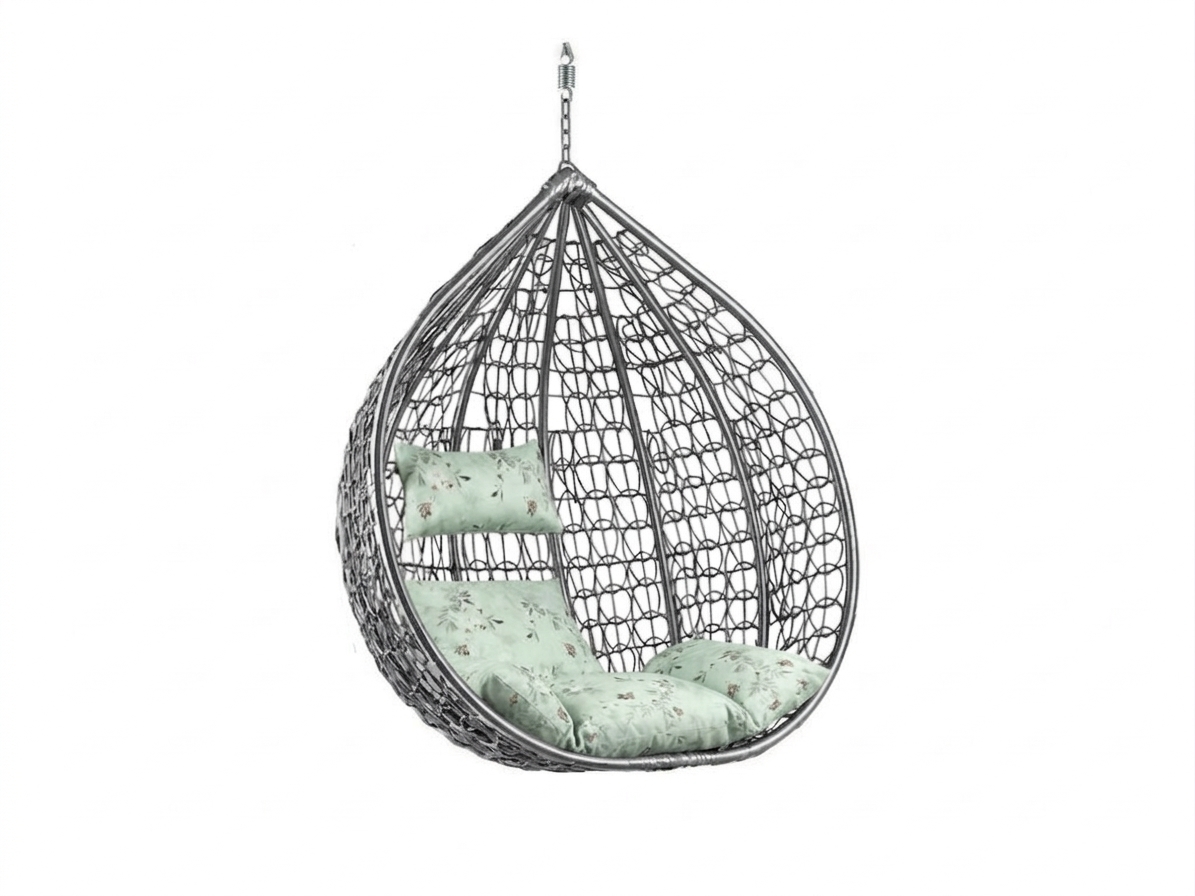 Šedé závěsné křeslo KOKON bez stojanu, světle zelený polštář se vzorem