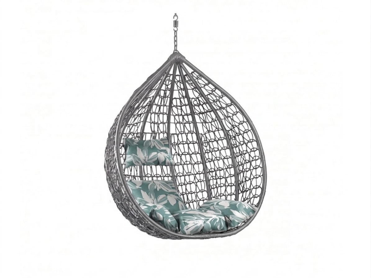 Šedé závěsné křeslo KOKON bez stojanu, zeleno-bílý polštář