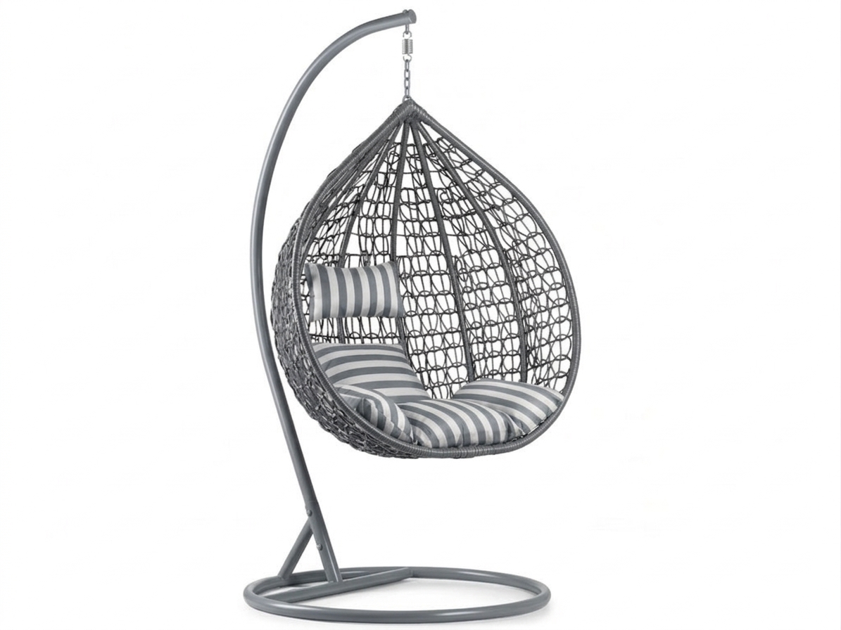 Šedé závěsné křeslo KOKON se stojanem, bílo-šedý polštář