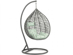 Šedé závěsné křeslo KOKON se stojanem, světle zelený polštář se vzorem