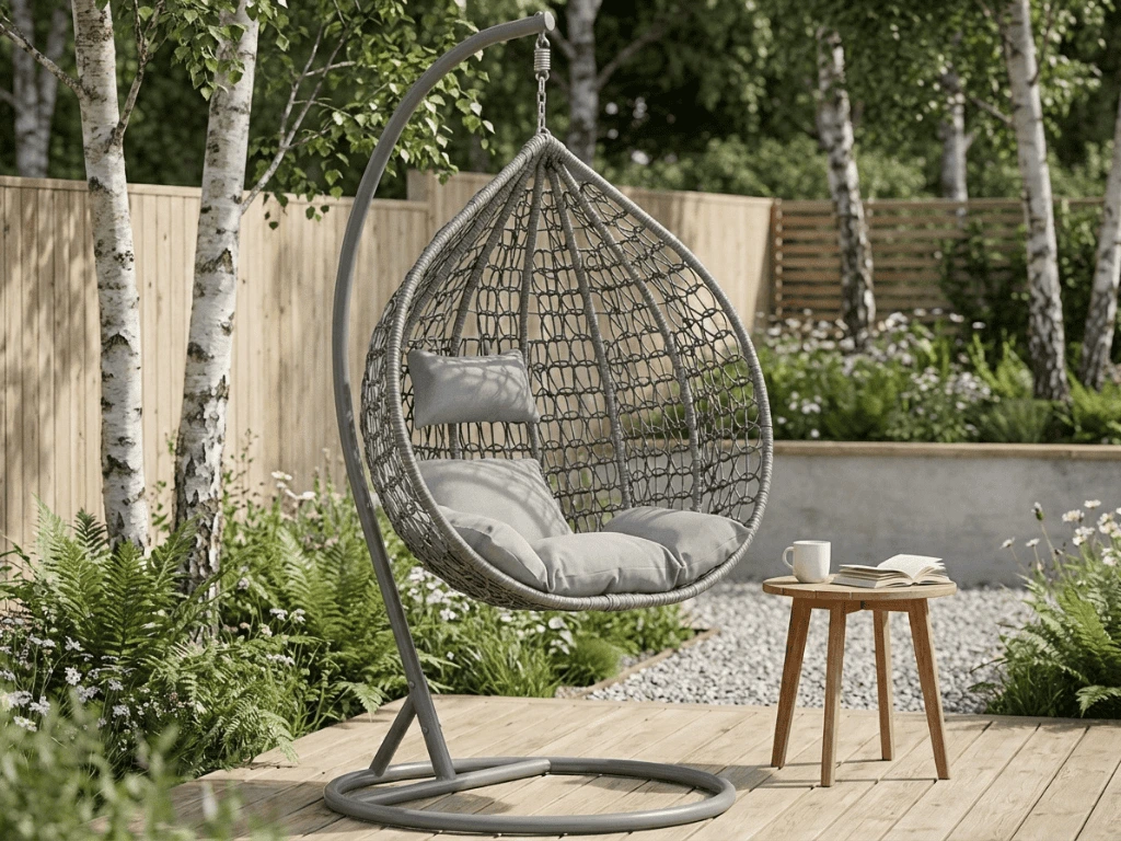 Šedé závěsné křeslo KOKON se stojanem, světlý polštář