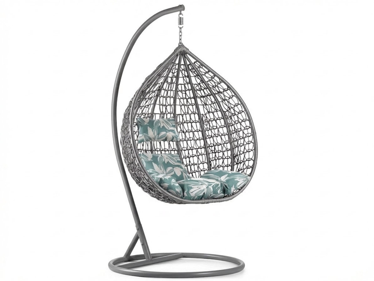 Šedé závěsné křeslo KOKON se stojanem, zeleno-bílý polštář