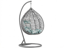 Šedé závěsné křeslo KOKON se stojanem, zeleno-bílý polštář