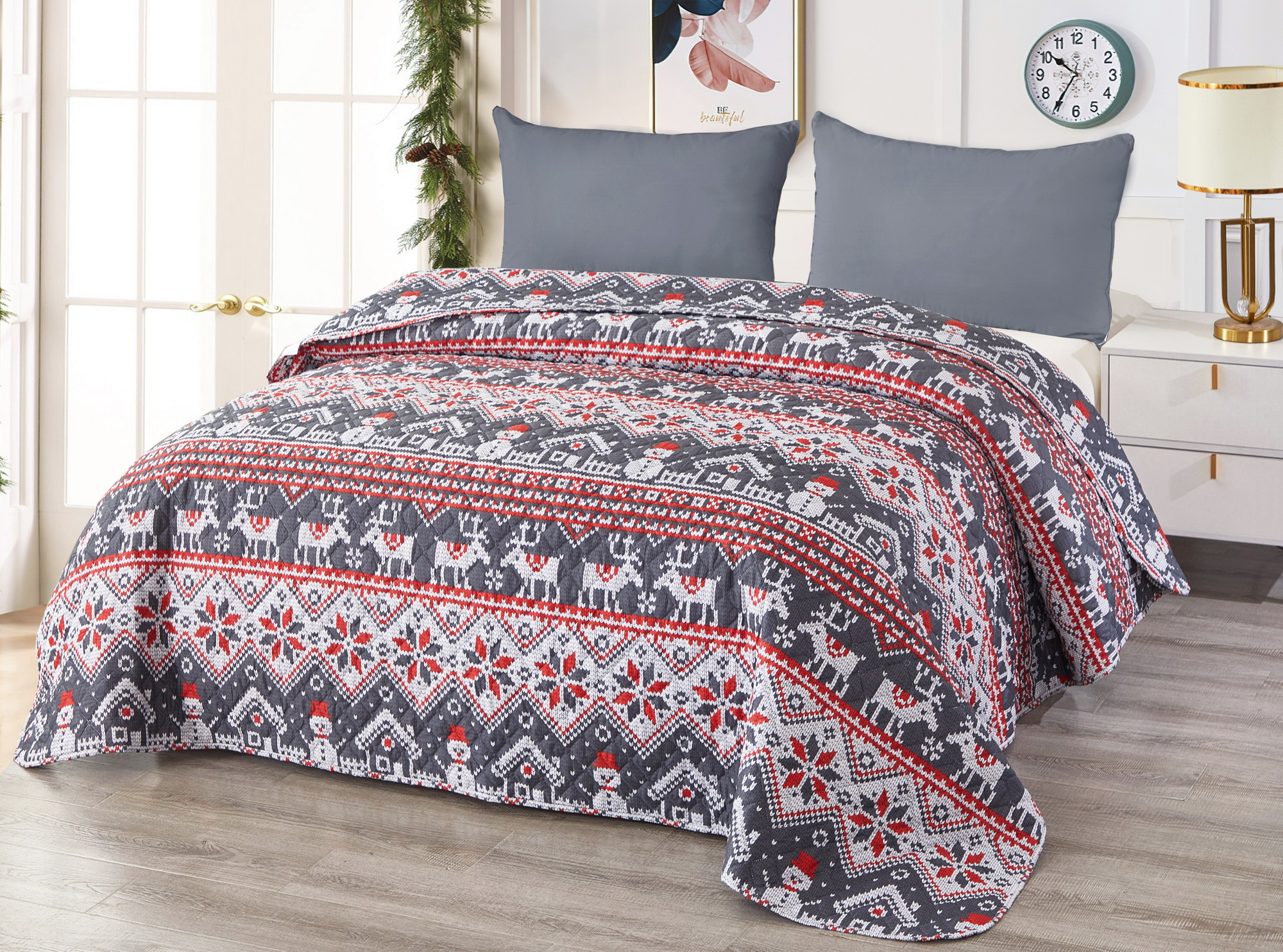 Šedý přehoz na postel CHRISTMAS PIXEL Rozměr: 220 x 240 cm