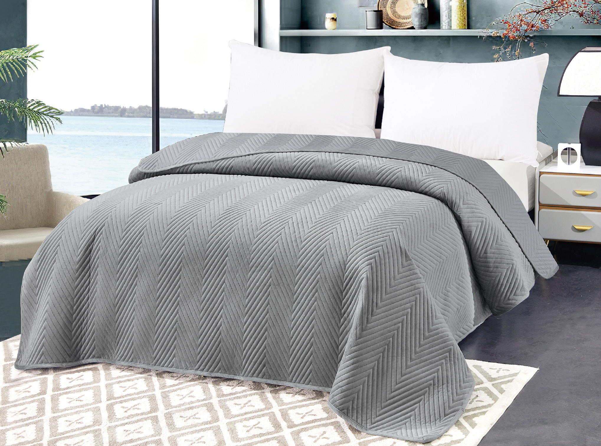Šedý sametový přehoz na postel ARROW VELVET Rozměr: 200 x 220 cm