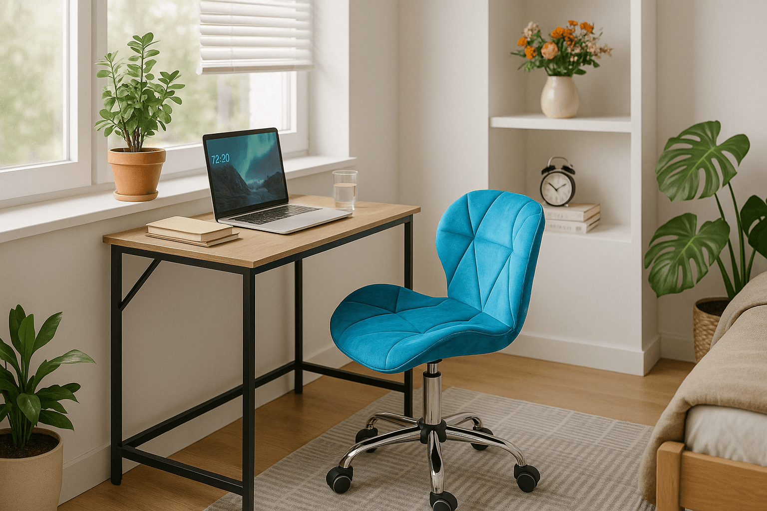 Set do pracovny TAYLOR stůl 80x50 cm dub sonoma + křeslo AVOLA VELVET královsky modré