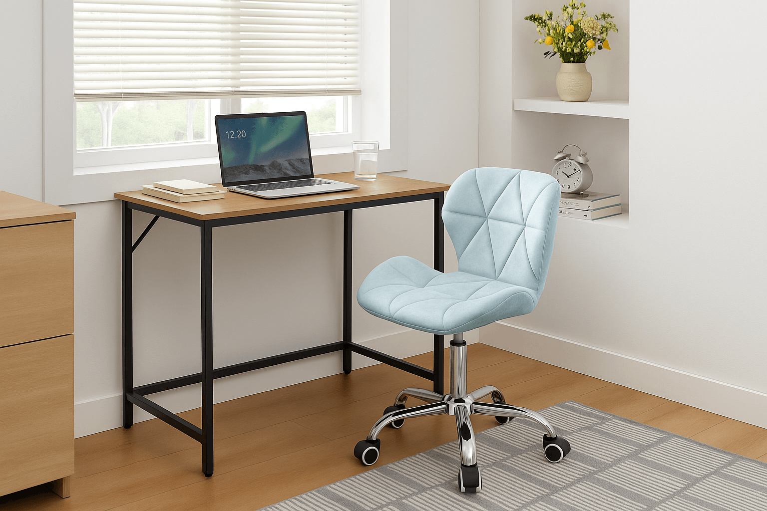 Set do pracovny TAYLOR stůl 80x50 cm dub sonoma + křeslo AVOLA VELVET světle modré
