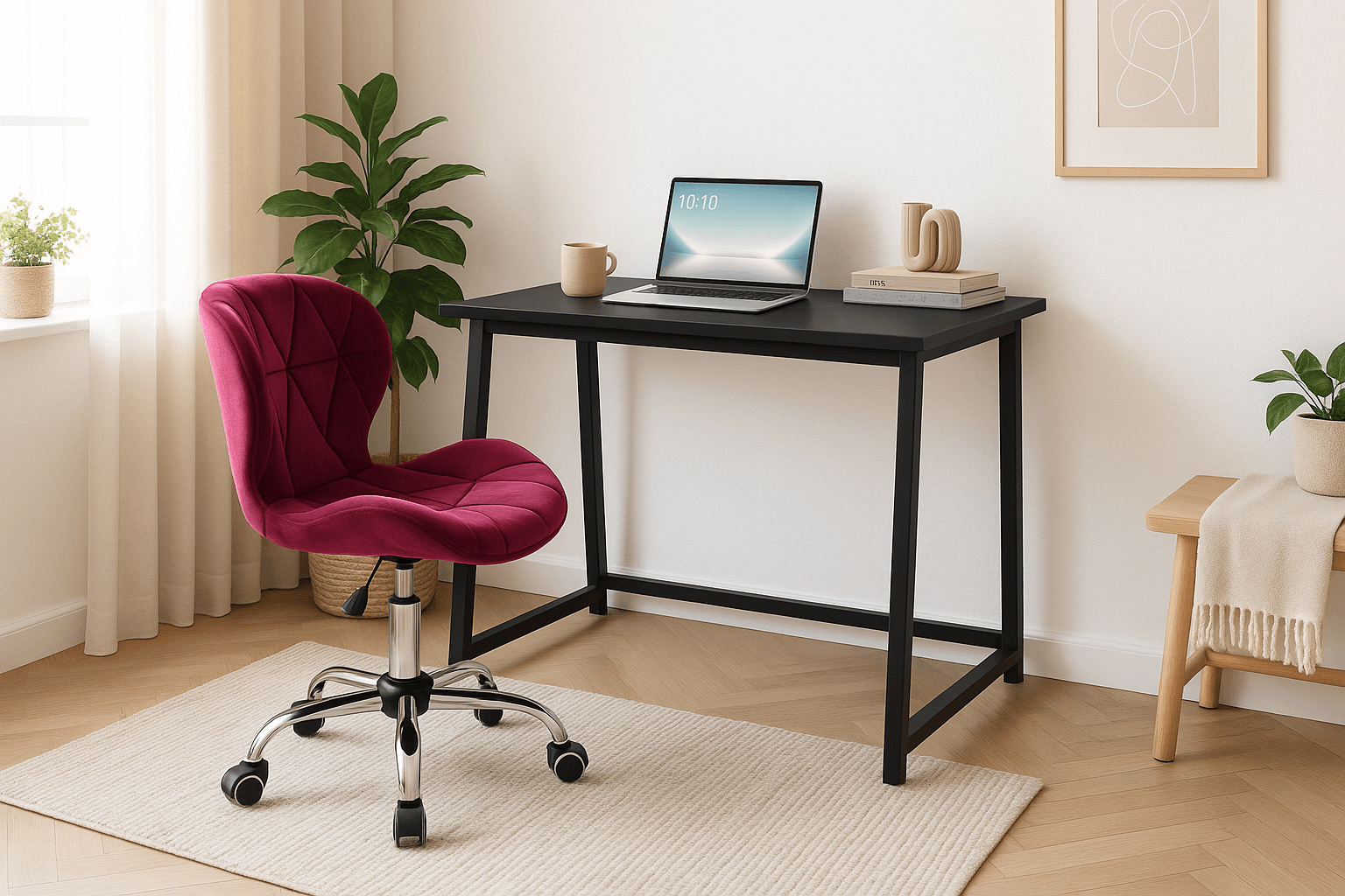 Set do pracovny ZARIMO stůl 80x40 cm černý + křeslo AVOLA VELVET vínové