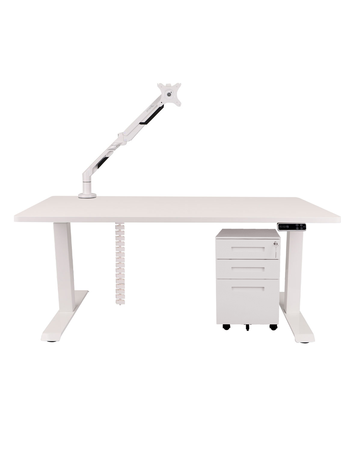 Set: psací stůl Alto 101 White + držák na monitor + kryt na kabely + kontejner