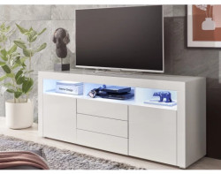 Široká TV skříňka Leeds, bílá lesk, s osvětlením