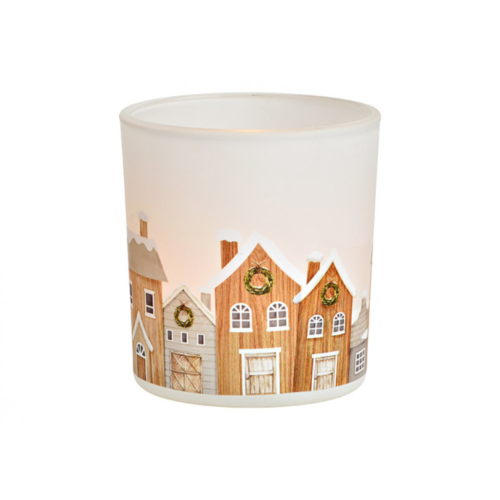 Skleněný svícen s motivem domečků CITY IN WINTER 8 cm bílý
