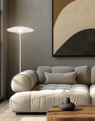 Stojací podlahová LED lampa LUND, bílé stínidlo talíř