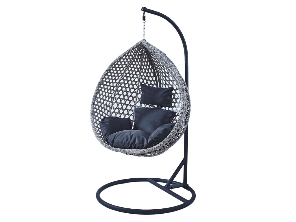 Světle šedé závěsné křeslo TROPIKAL s černým stojanem