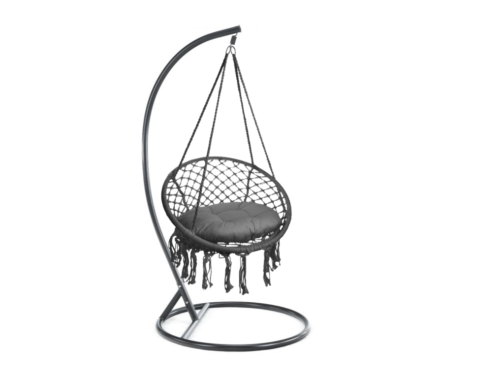 Tmavě šedé závěsné křeslo KOLUMBIA s polštářem a černým stojanem