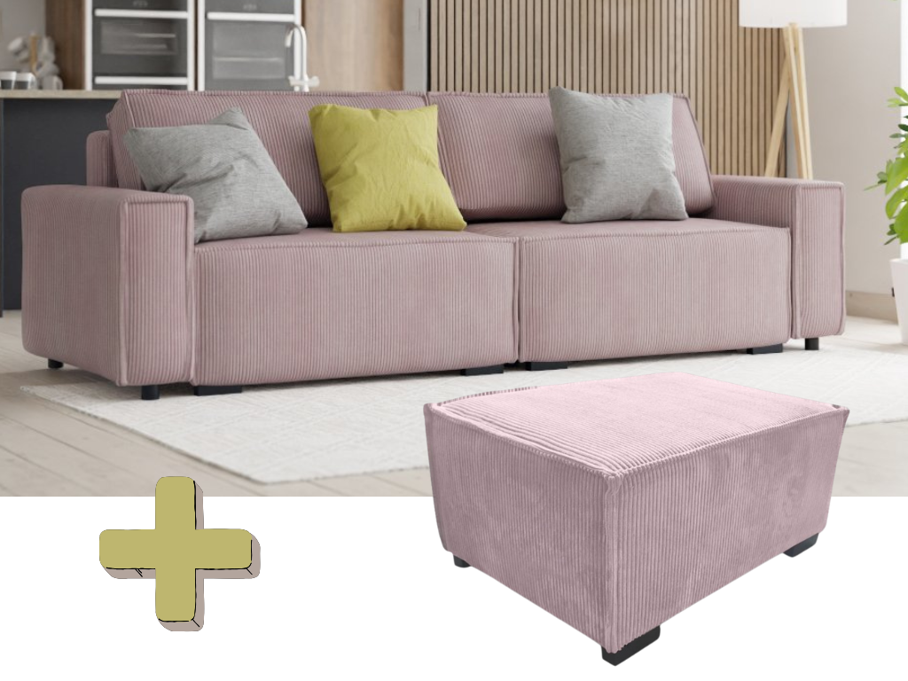 Trojmístná pohovka s taburetem SMART SET, světle růžová