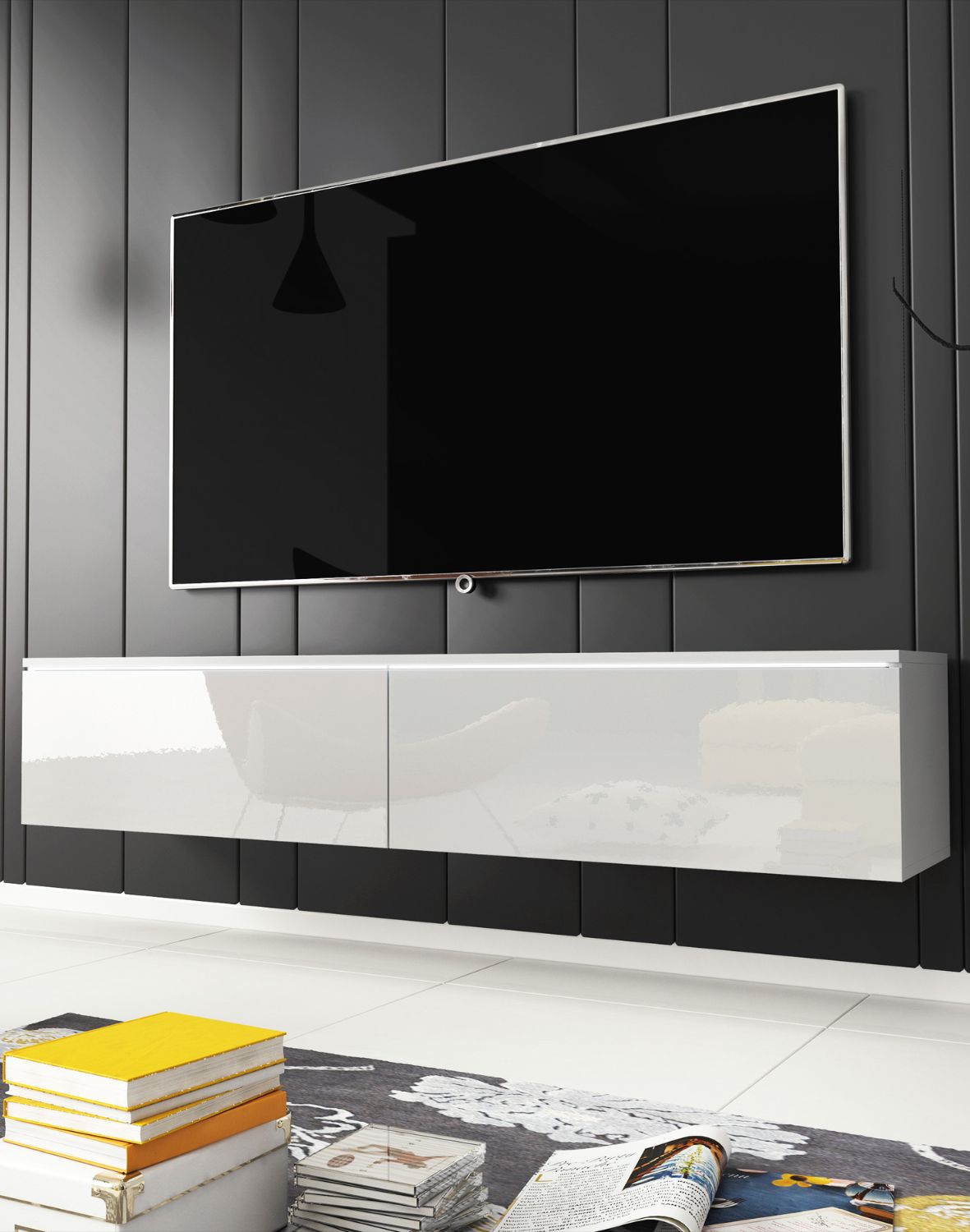 TV stolek 140 cm závěsný nebo stojící bílý lesk Lowboard D