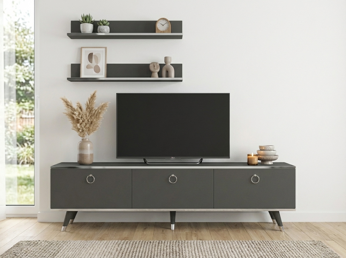 TV stolek BALANCE 150 cm se dvěma nástěnnými policemi, antracit/stříbrná