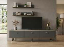 TV stolek BALANCE 150 cm se dvěma nástěnnými policemi, antracit/zlatá