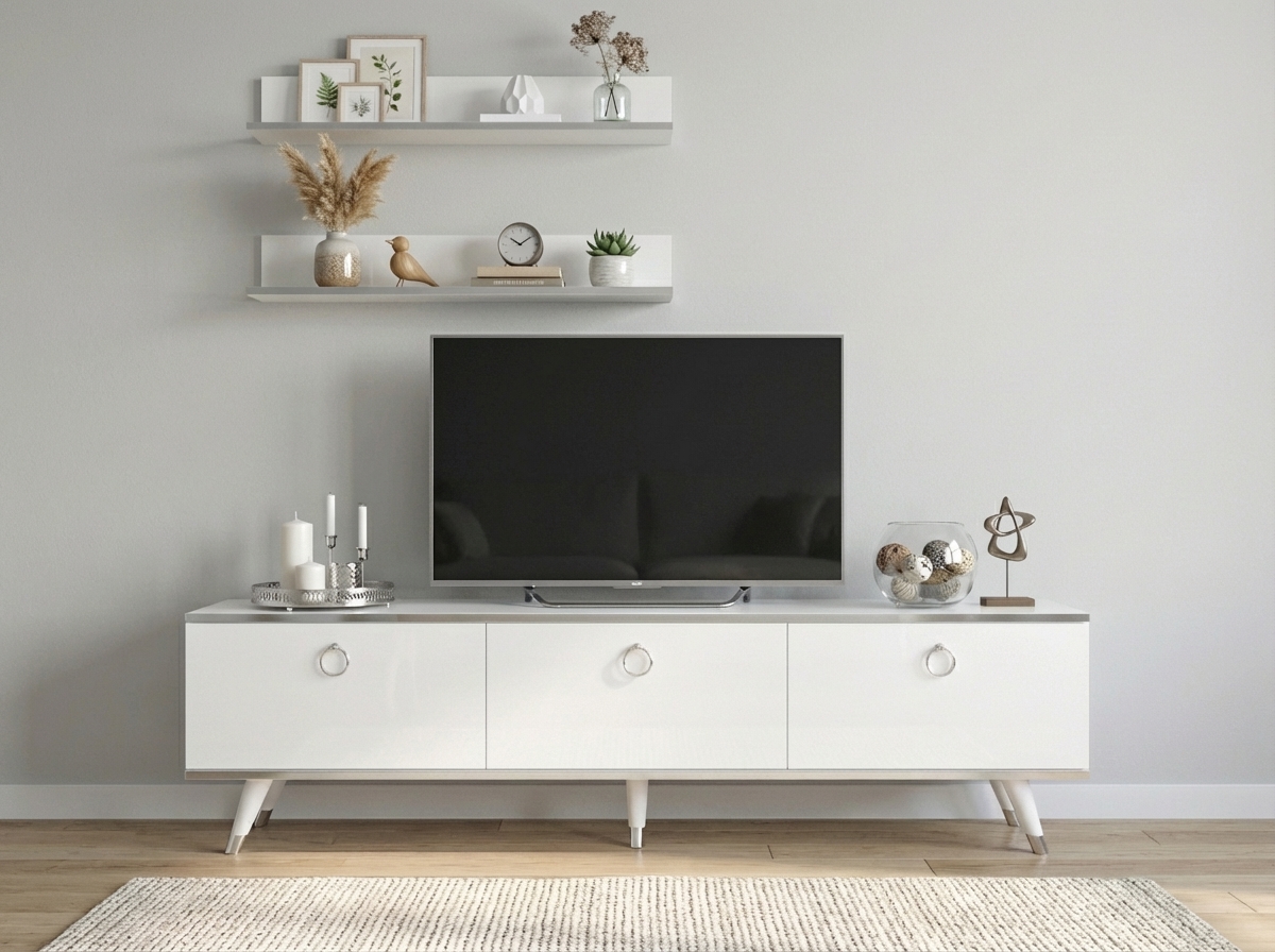 TV stolek BALANCE 150 cm se dvěma nástěnnými policemi, bílá/stříbrná