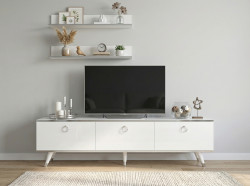 TV stolek BALANCE 150 cm se dvěma nástěnnými policemi, bílá/stříbrná