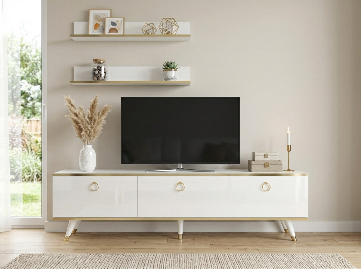 TV stolek BALANCE 150 cm se dvěma nástěnnými policemi, bílá/zlatá