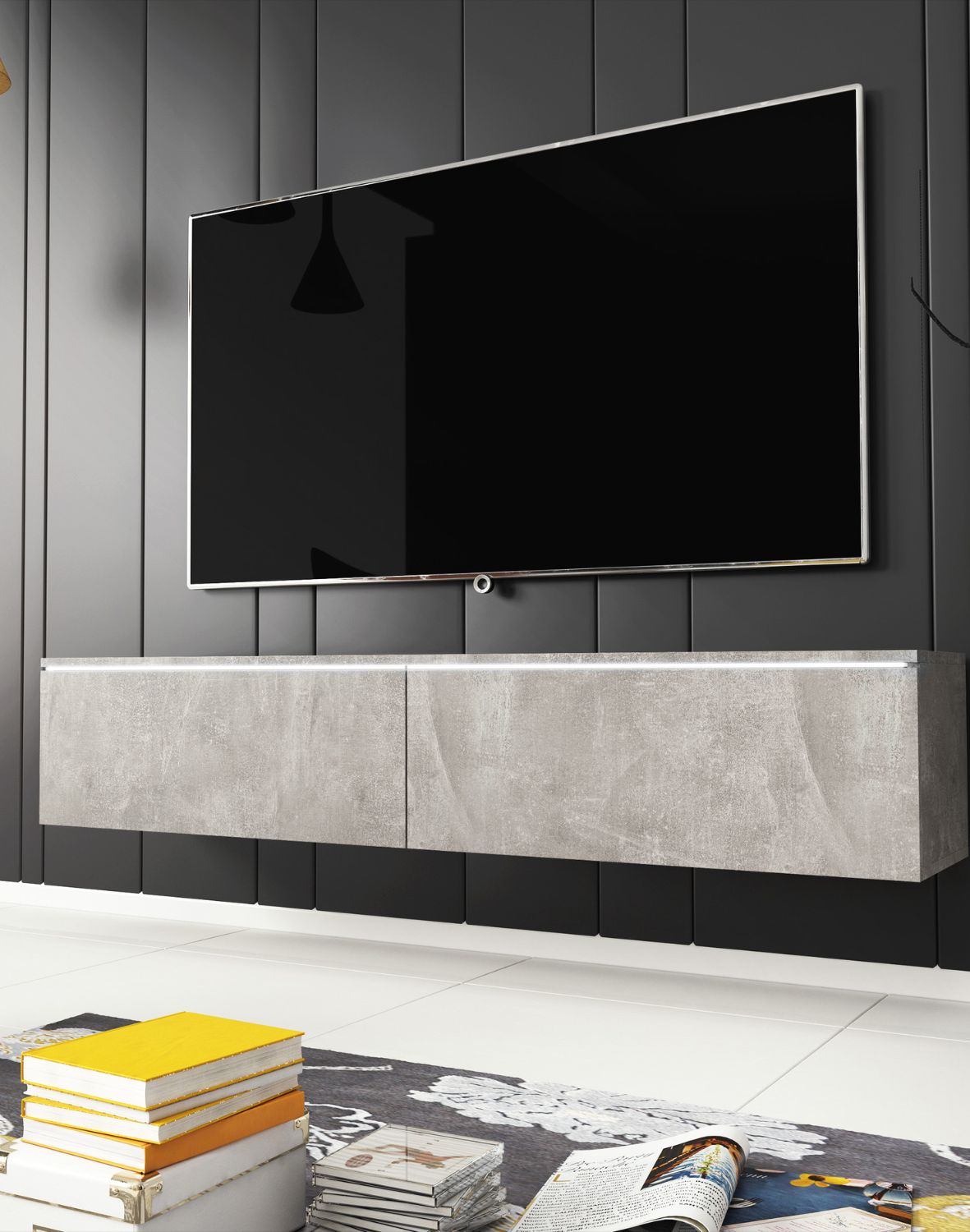 TV stolek LED 140 cm závěsný nebo stojící beton Lowboard D