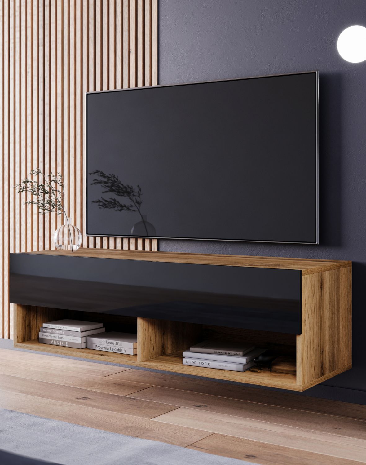 TV stolek Lowboard A, dub wotan / černý lesk