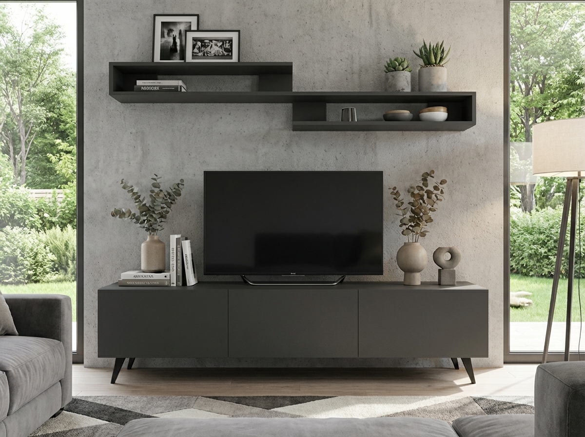 TV stolek MIYA 150 cm s nástěnnou policí, antracitový