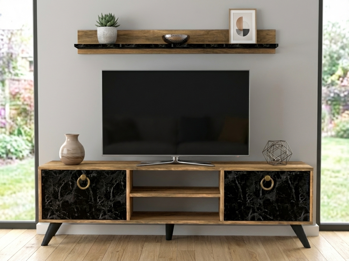 TV stolek ZEN 160 cm s nástěnnou policí, dekor ořech/černý mramor