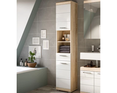 Vysoká koupelnová skříňka Lambada, dub sonoma/bílá lesk