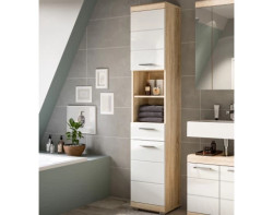 Vysoká koupelnová skříňka Lambada, dub sonoma/bílá lesk