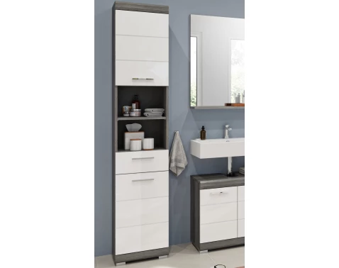 Vysoká koupelnová skříňka Scout, šedý dub/bílá lesk