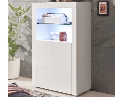 Vysoká skříňka Leeds, bílá lesk, s osvětlením