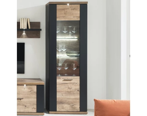 Vysoká vitrína Boston, černá/dub ribbeck, s osvětlením, pravá