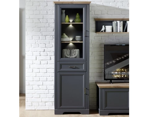 Vysoká vitrína Jasmin, grafit/dub, s osvětlením