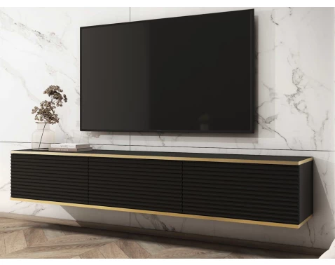 Závěsná TV skříňka Orfeo, 175 cm, černá struktura/zlatá