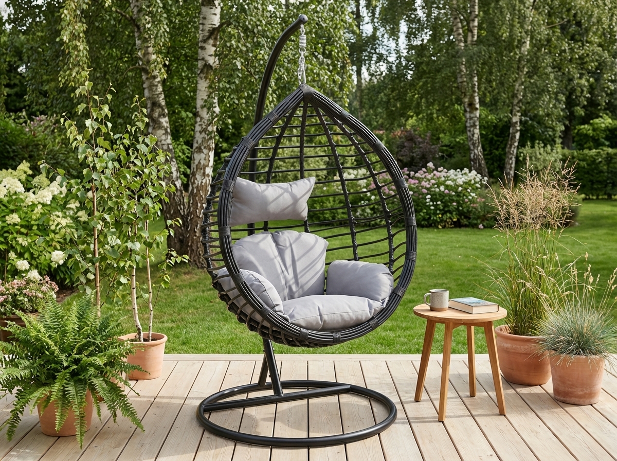 Závěsné křeslo TARINO se stojanem, černé/šedý polštář