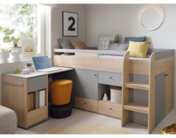 Zvýšená úložná postel se stolkem Room 90x200 cm, dub biscuit/šedá